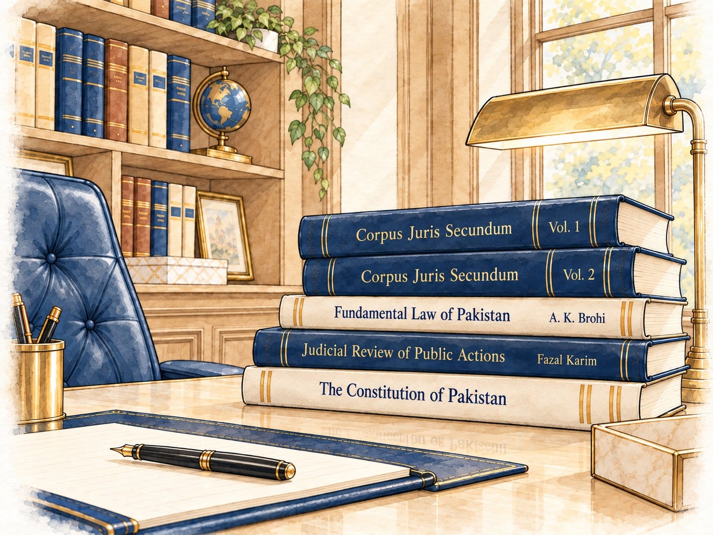 Illustration of a lawyer&rsquo;s desk with a stack of law books, a fountain pen and a brass lamp