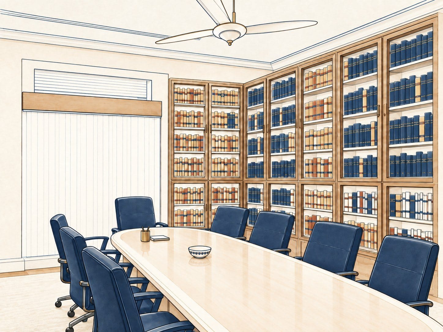 Illustration of the firm's conference room: a long table with blue leather chairs, lined with glass-fronted bookcases of law reports