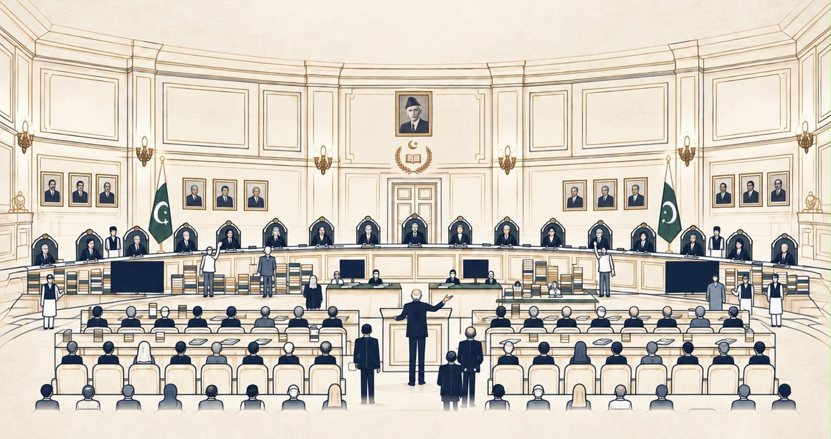 Illustration of Courtroom No. 1 of the Supreme Court of Pakistan, with counsel addressing the full bench