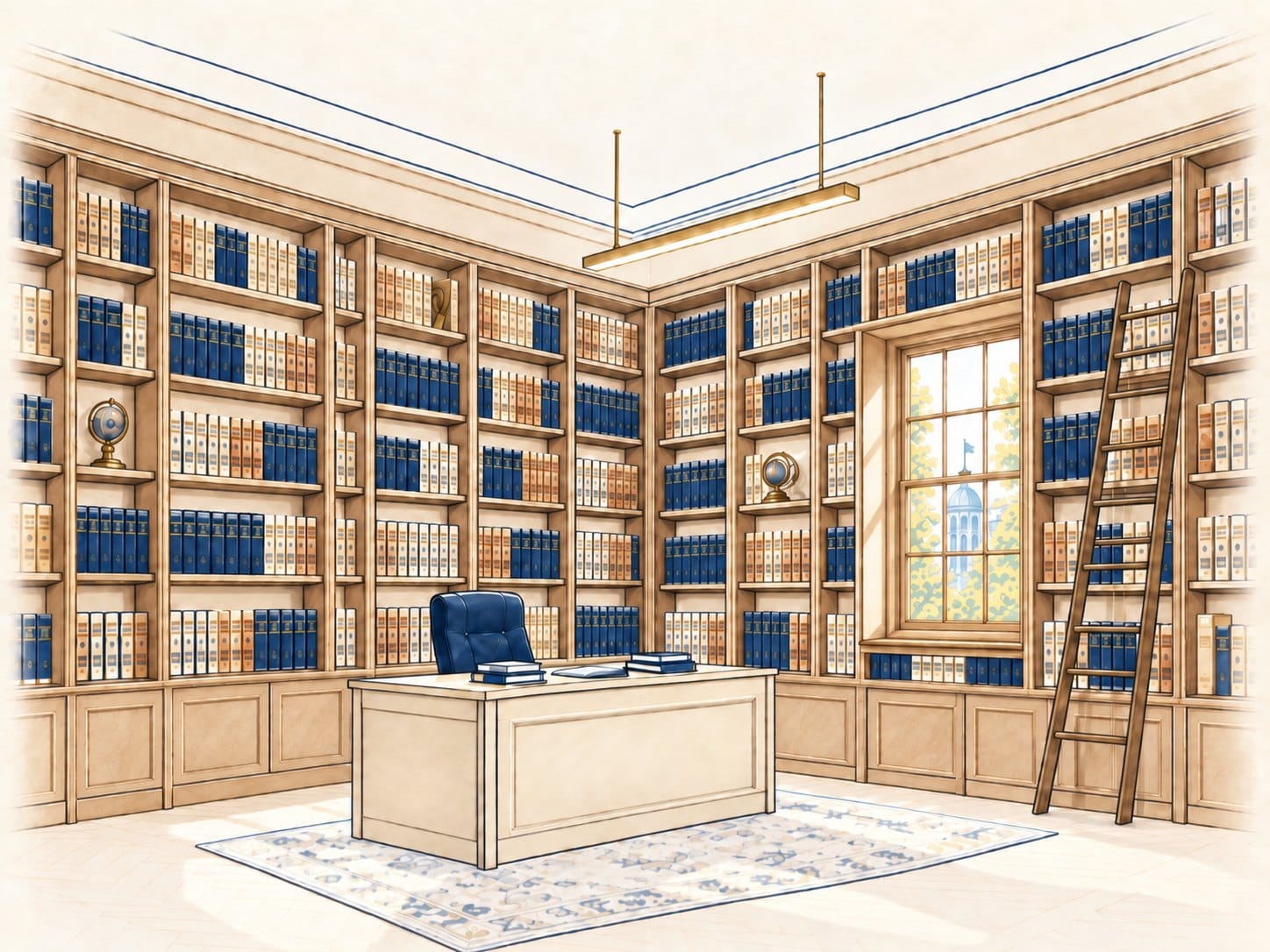 Illustration of the firm's law library: bookcases of law reports, a library ladder and a partner's desk