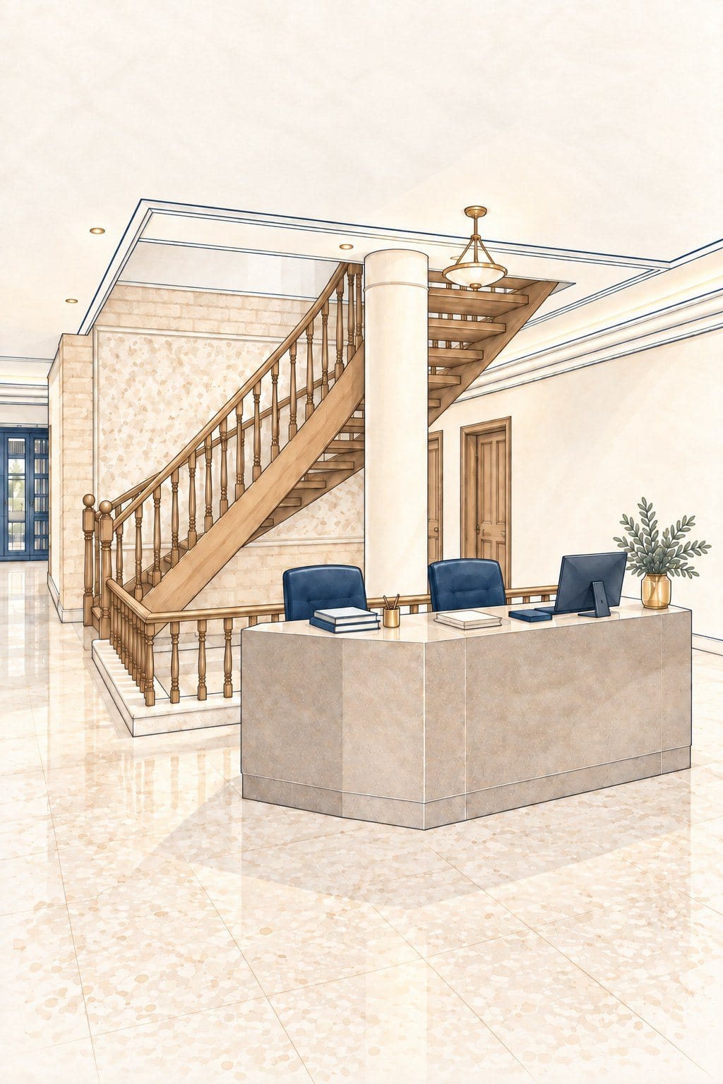Illustration of the firm's entrance hall: a sweeping wooden staircase, a white column and the reception counter